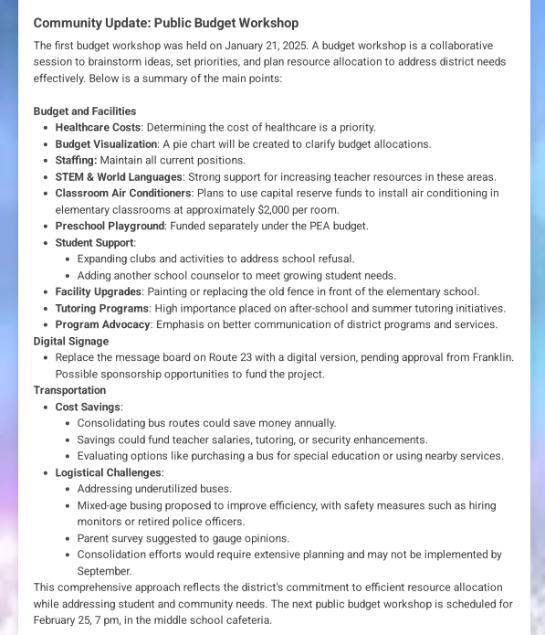 Community Update: Public Budget Workshop